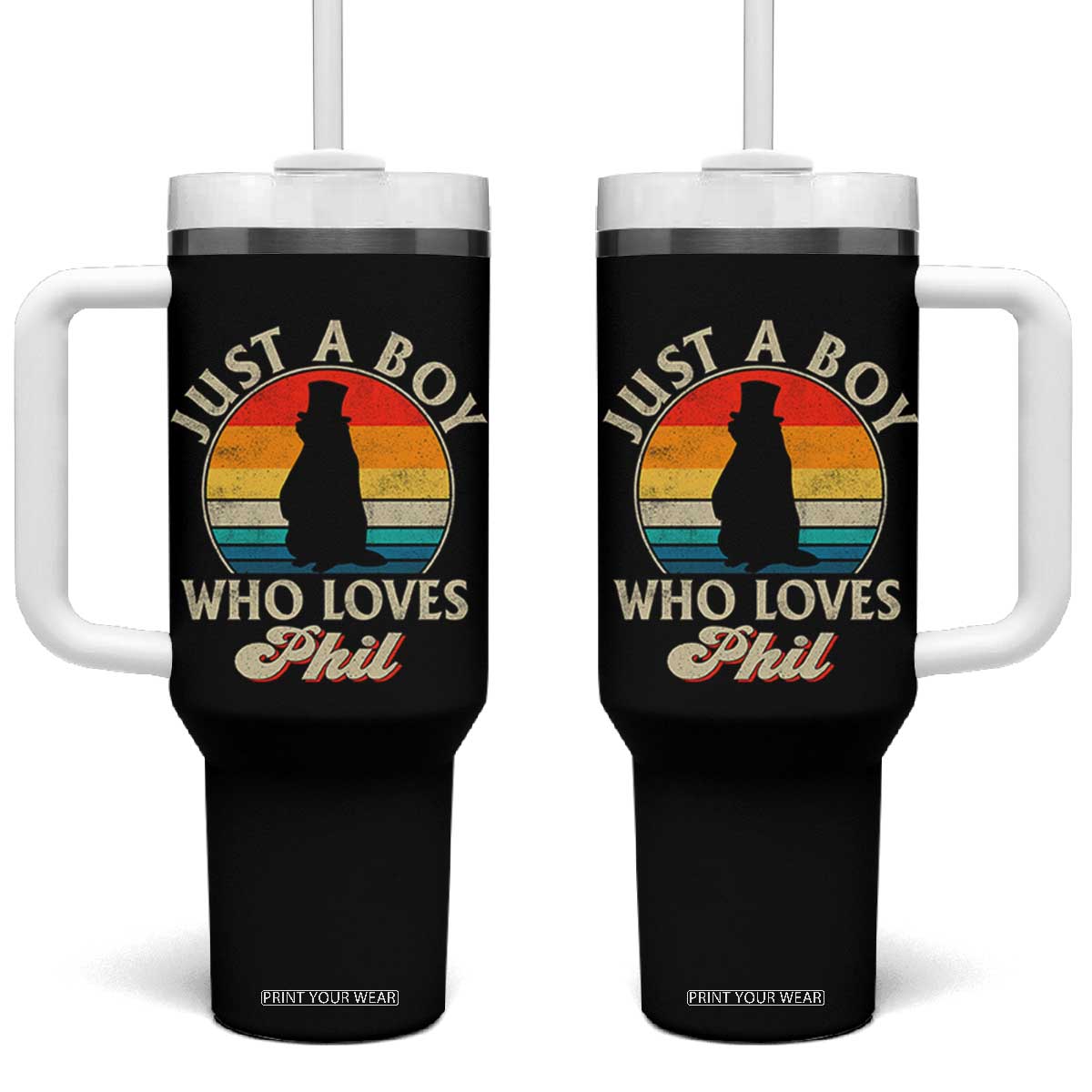 Funny Just A Boy Who Loves Phil Groundhog Tumbler With Handle Punxsy Woodchuck Day Lover TS11 One Size: 40 oz Black Print Your Wear