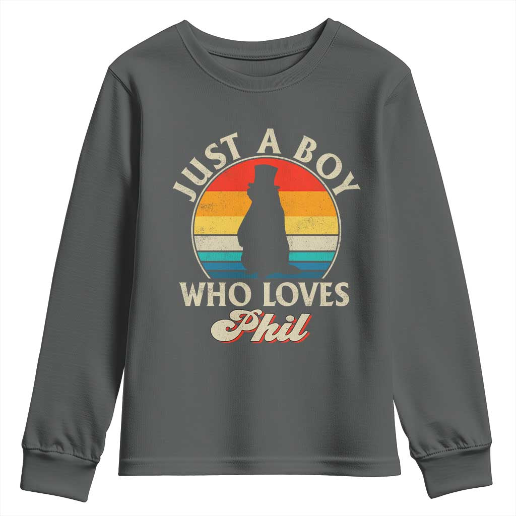 Funny Just A Boy Who Loves Phil Groundhog Youth Sweatshirt Punxsy Woodchuck Day Lover TS11 Dark Heather Print Your Wear