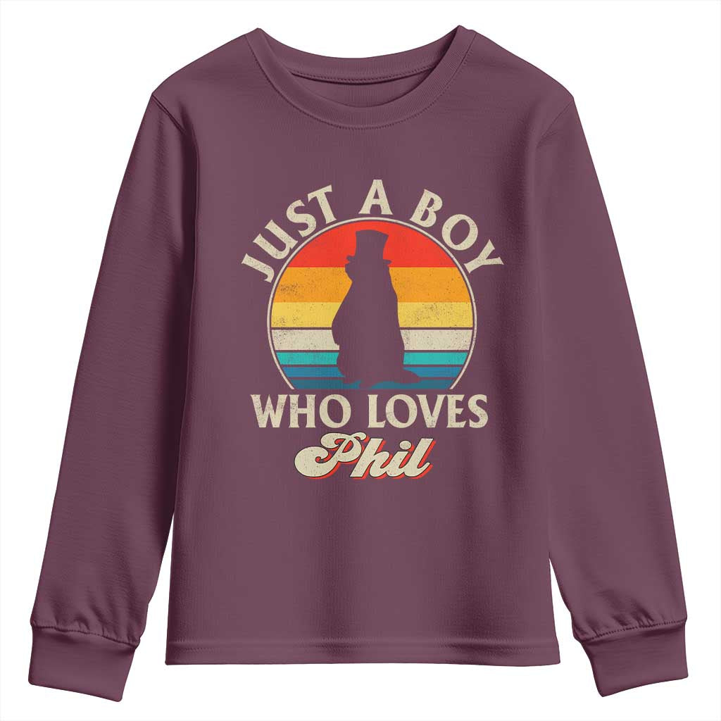 Funny Just A Boy Who Loves Phil Groundhog Youth Sweatshirt Punxsy Woodchuck Day Lover TS11 Maroon Print Your Wear