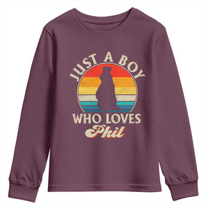 Funny Just A Boy Who Loves Phil Groundhog Youth Sweatshirt Punxsy Woodchuck Day Lover TS11 Maroon Print Your Wear
