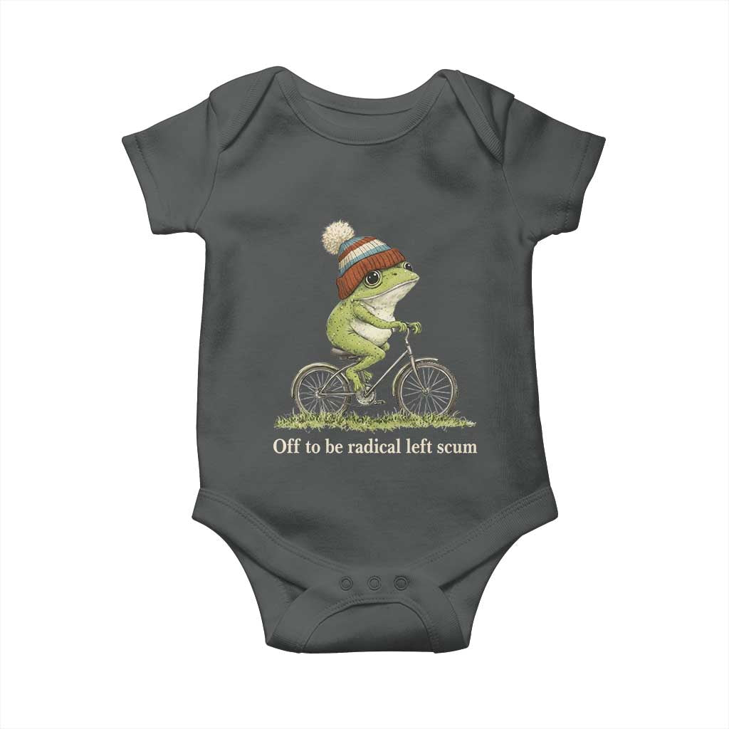 Off To Be Radical Left Scum Baby Onesie Funny Frog Resistance TS11 Dark Heather Print Your Wear