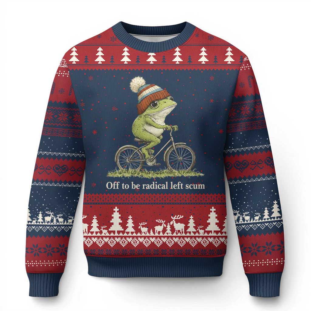Off To Be Radical Left Scum Ugly Christmas Sweater Funny Frog Resistance TS11 Navy Red Print Your Wear