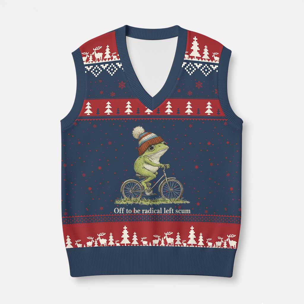 Off To Be Radical Left Scum V-Neck Knit Sweater Vest Funny Frog Resistance TS11 Navy Red Print Your Wear