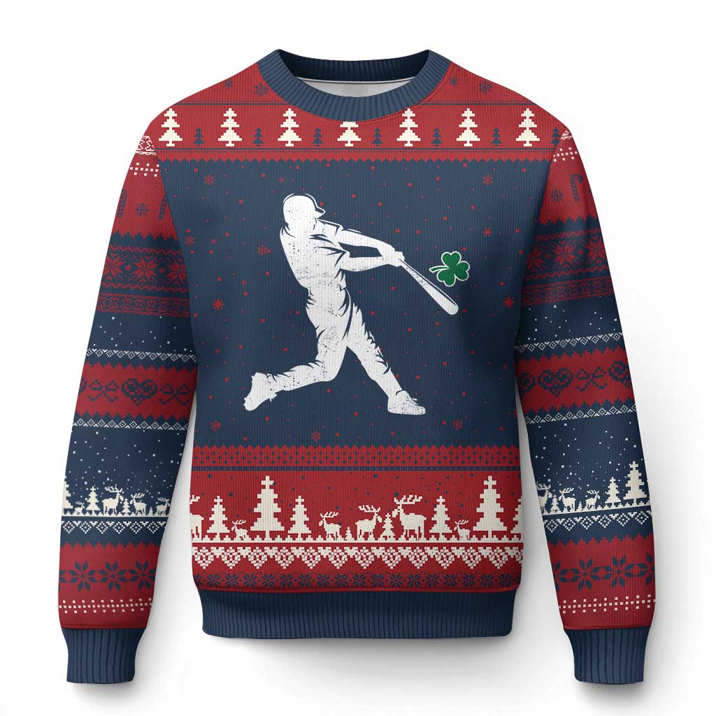 St Patricks Day Baseball Batter Silhouette Shamrock Ugly Christmas Sweater TS11 Navy Red Print Your Wear