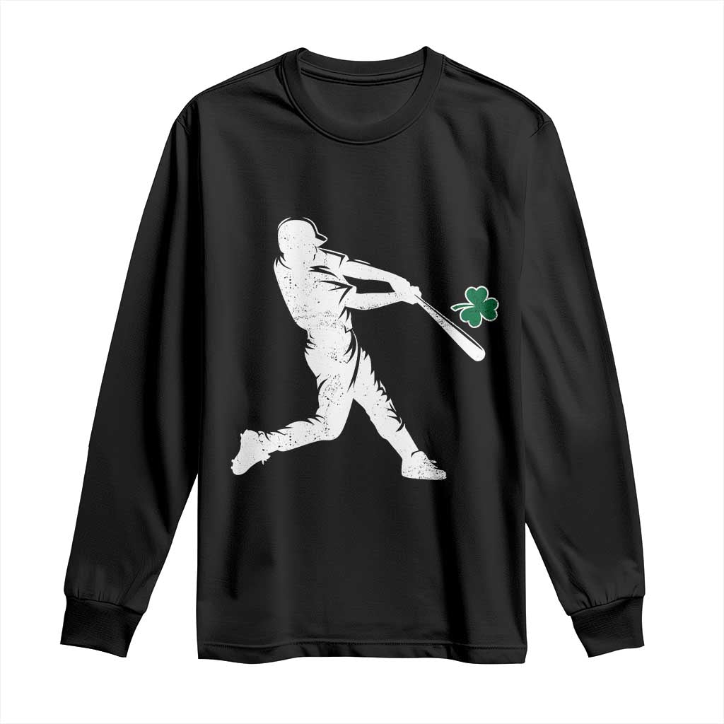 St Patricks Day Baseball Batter Silhouette Shamrock Long Sleeve Shirt TS11 Black Print Your Wear