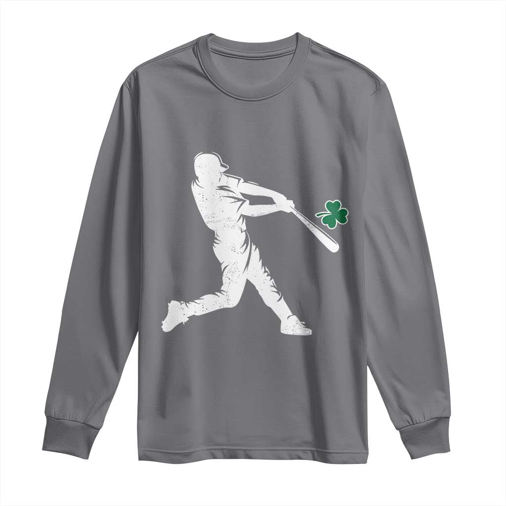 St Patricks Day Baseball Batter Silhouette Shamrock Long Sleeve Shirt TS11 Charcoal Print Your Wear