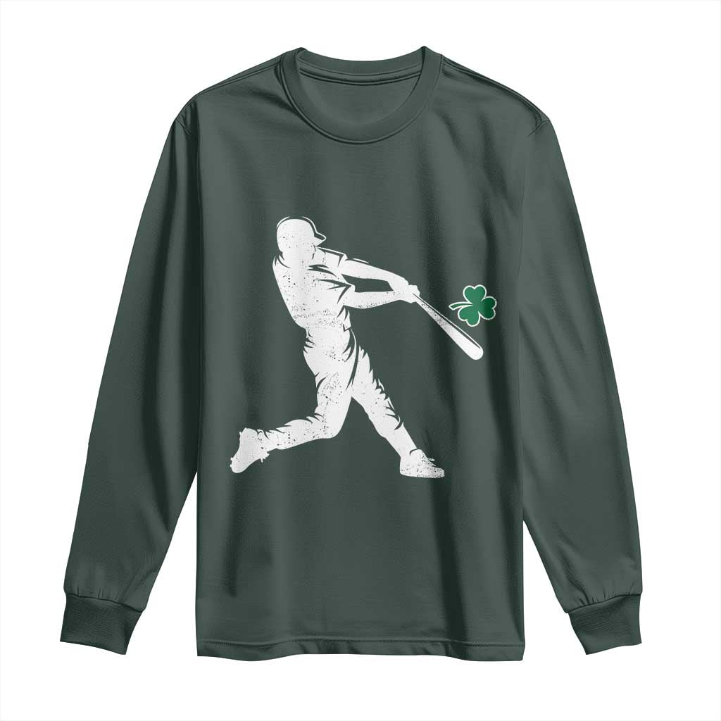 St Patricks Day Baseball Batter Silhouette Shamrock Long Sleeve Shirt TS11 Dark Forest Green Print Your Wear