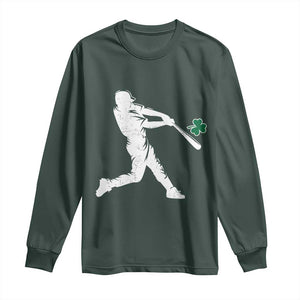 St Patricks Day Baseball Batter Silhouette Shamrock Long Sleeve Shirt TS11 Dark Forest Green Print Your Wear