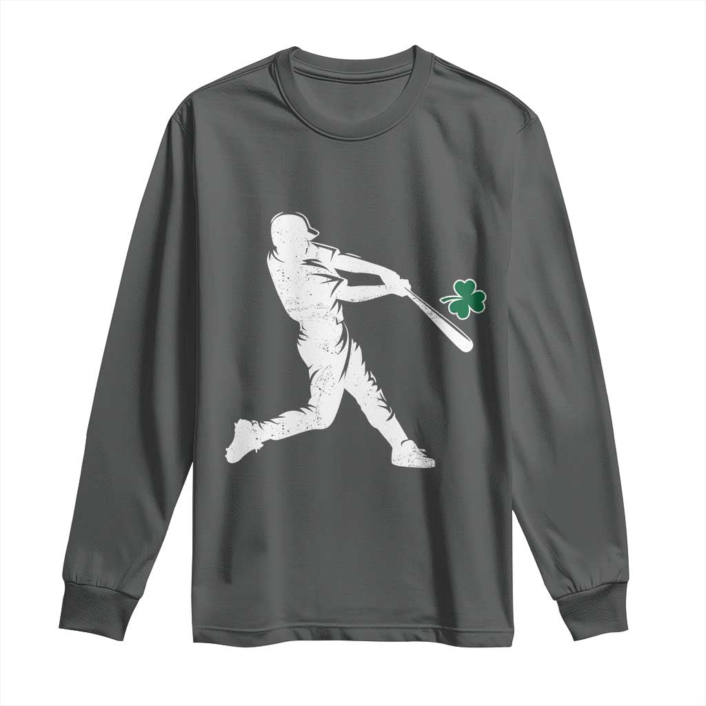 St Patricks Day Baseball Batter Silhouette Shamrock Long Sleeve Shirt TS11 Dark Heather Print Your Wear