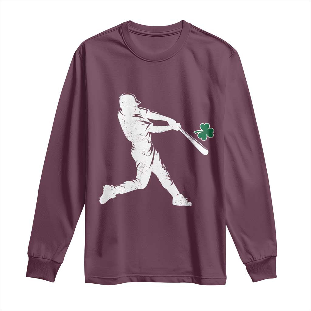 St Patricks Day Baseball Batter Silhouette Shamrock Long Sleeve Shirt TS11 Maroon Print Your Wear