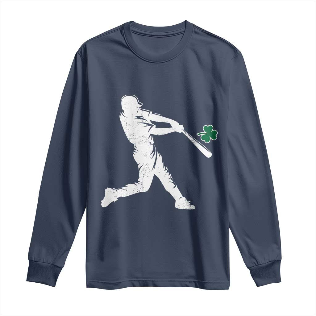 St Patricks Day Baseball Batter Silhouette Shamrock Long Sleeve Shirt TS11 Navy Print Your Wear