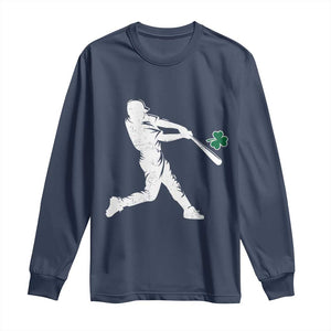 St Patricks Day Baseball Batter Silhouette Shamrock Long Sleeve Shirt TS11 Navy Print Your Wear