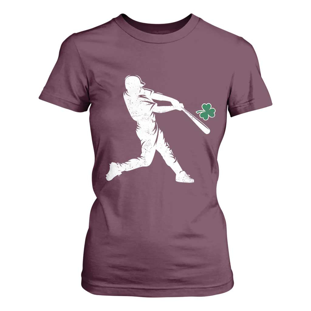 St Patricks Day Baseball Batter Silhouette Shamrock T Shirt For Women TS11 Maroon Print Your Wear