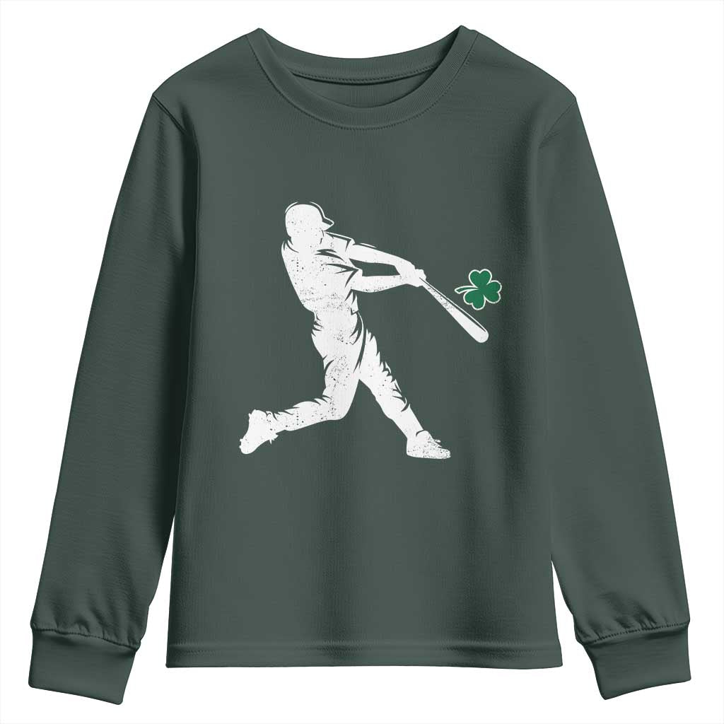 St Patricks Day Baseball Batter Silhouette Shamrock Youth Sweatshirt TS11 Dark Forest Green Print Your Wear