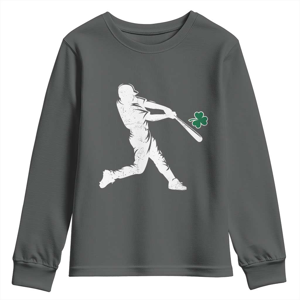 St Patricks Day Baseball Batter Silhouette Shamrock Youth Sweatshirt TS11 Dark Heather Print Your Wear