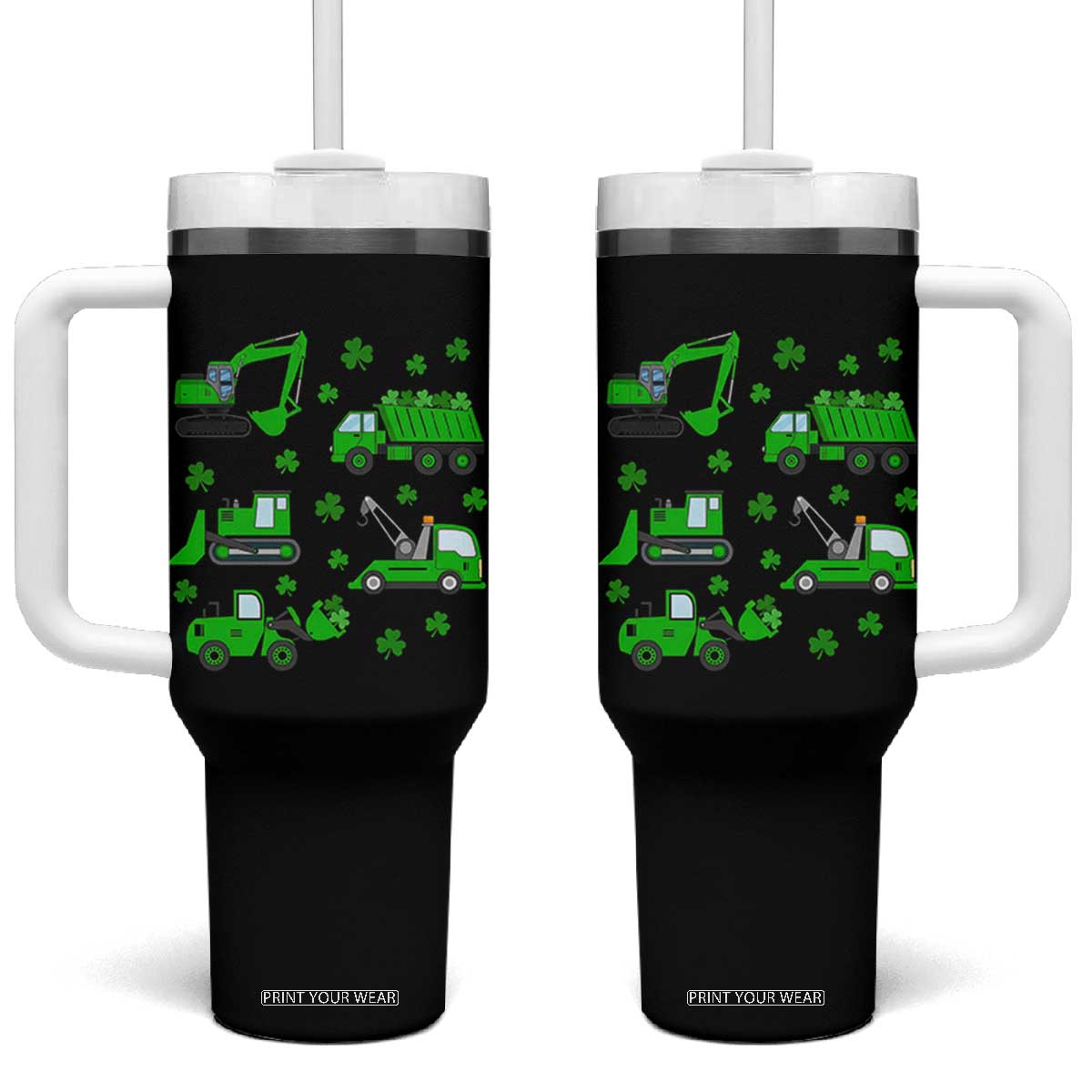 Funny St Patricks Day Construction Trucks Irish Shamrock Tumbler With Handle TS11 One Size: 40 oz Black Print Your Wear