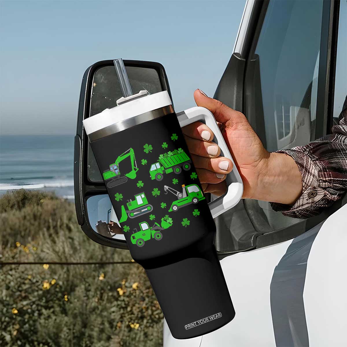 Funny St Patricks Day Construction Trucks Irish Shamrock Tumbler With Handle TS11 Print Your Wear