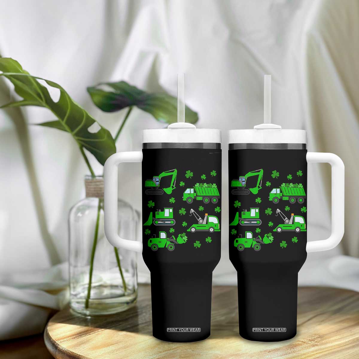 Funny St Patricks Day Construction Trucks Irish Shamrock Tumbler With Handle TS11 Print Your Wear