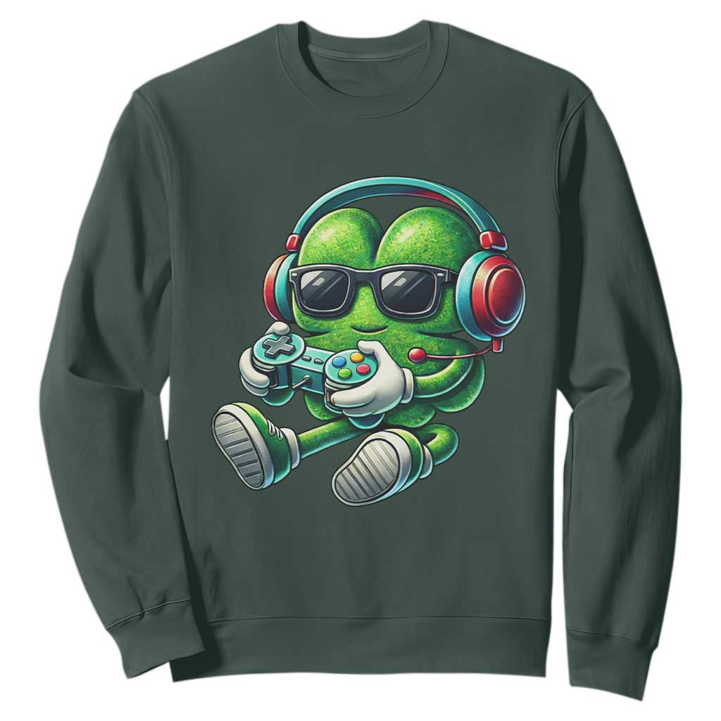 Funny Video Game Shamrock St Patricks Day Gamer Sweatshirt TS11 Dark Forest Green Print Your Wear
