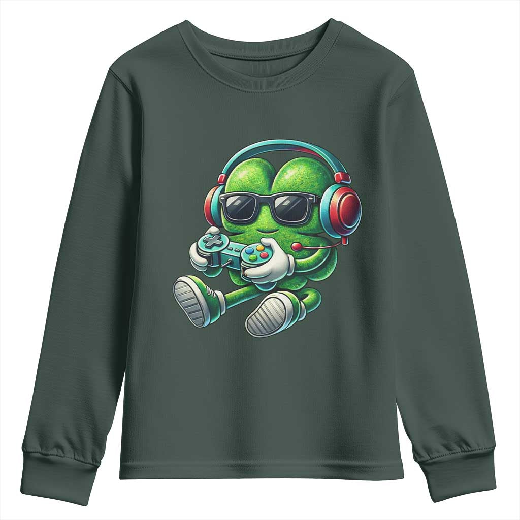 Funny Video Game Shamrock St Patricks Day Gamer Youth Sweatshirt TS11 Dark Forest Green Print Your Wear