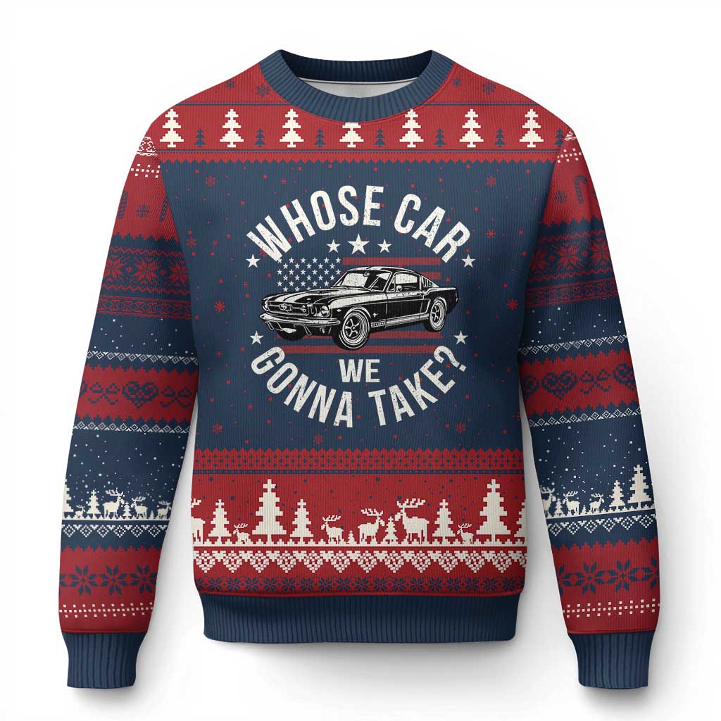 Funny Whose Car We Gonna Take Meme Ugly Christmas Sweater Car Enthusiast Vintage American Flag TS11 Navy Red Print Your Wear