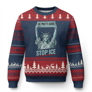 Be Pretti Good Stop Ice Ugly Christmas Sweater Statue Of Liberty Minneapolis Protest TS11 Navy Red Print Your Wear