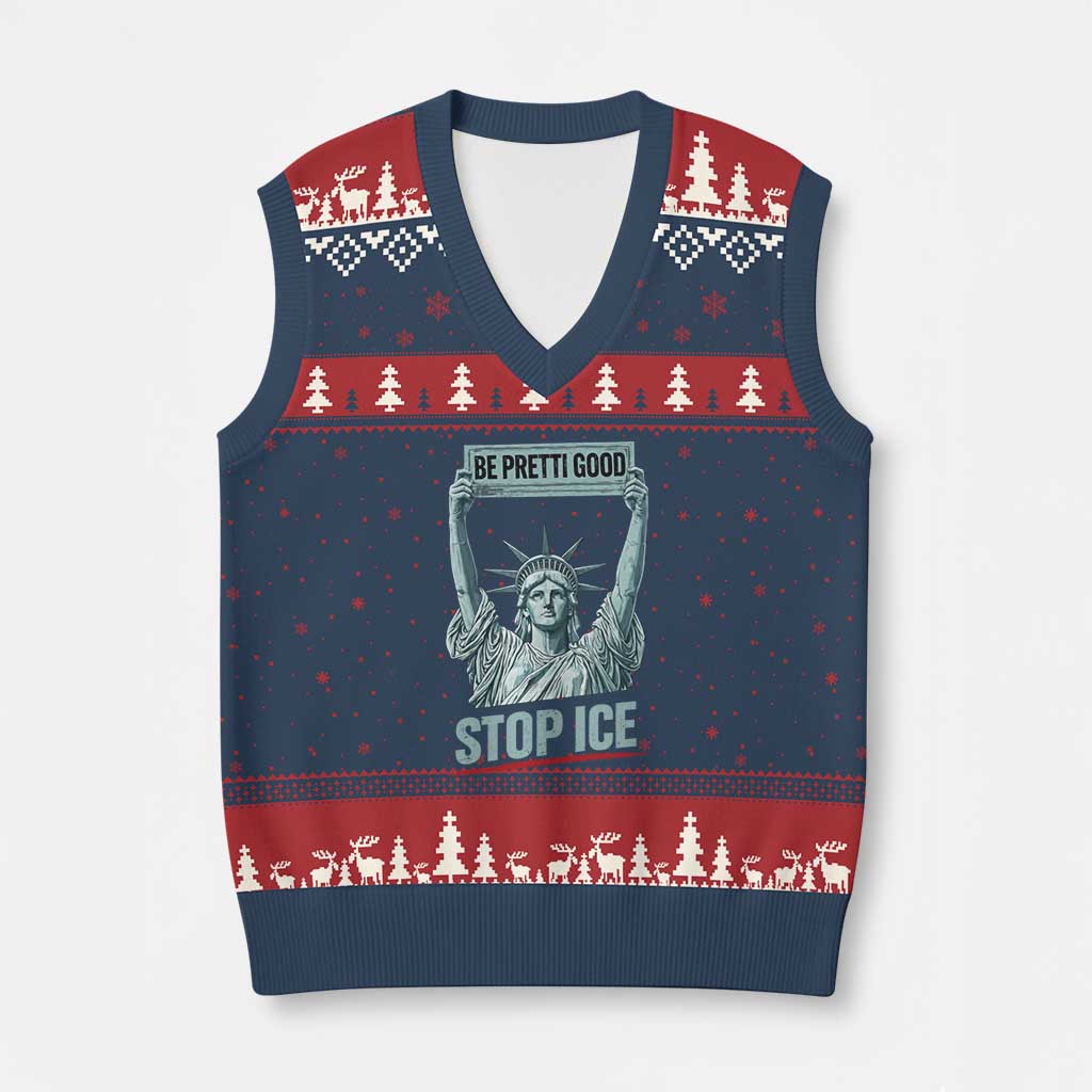 Be Pretti Good Stop Ice V-Neck Knit Sweater Vest Statue Of Liberty Minneapolis Protest TS11 Navy Red Print Your Wear