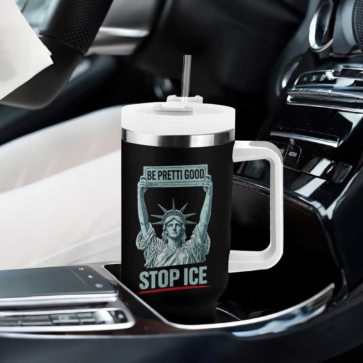 Be Pretti Good Stop Ice Tumbler With Handle Statue Of Liberty Minneapolis Protest TS11 Print Your Wear
