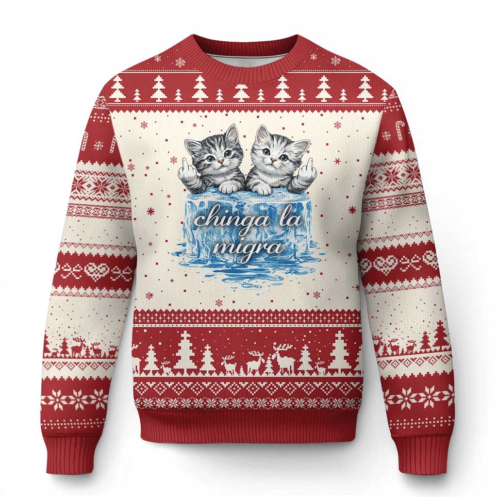 Chinga La Migra Ugly Christmas Sweater Cute Cat Melting Ice Pro Immigrant TS11 Beige Red Print Your Wear