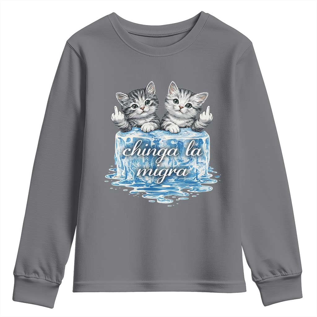 Chinga La Migra Youth Sweatshirt Cute Cat Melting Ice Pro Immigrant TS11 Charcoal Print Your Wear