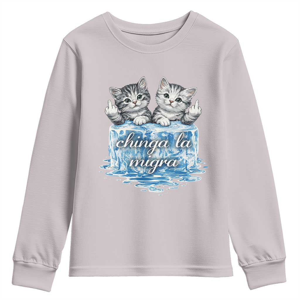Chinga La Migra Youth Sweatshirt Cute Cat Melting Ice Pro Immigrant TS11 Ice Gray Print Your Wear