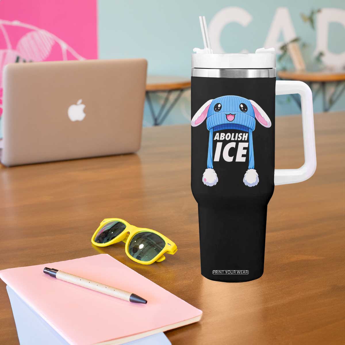 Abolish Ice Tumbler With Handle Blue Bunny Hat Pro Immigrant Resist Minnesota TS11 Print Your Wear
