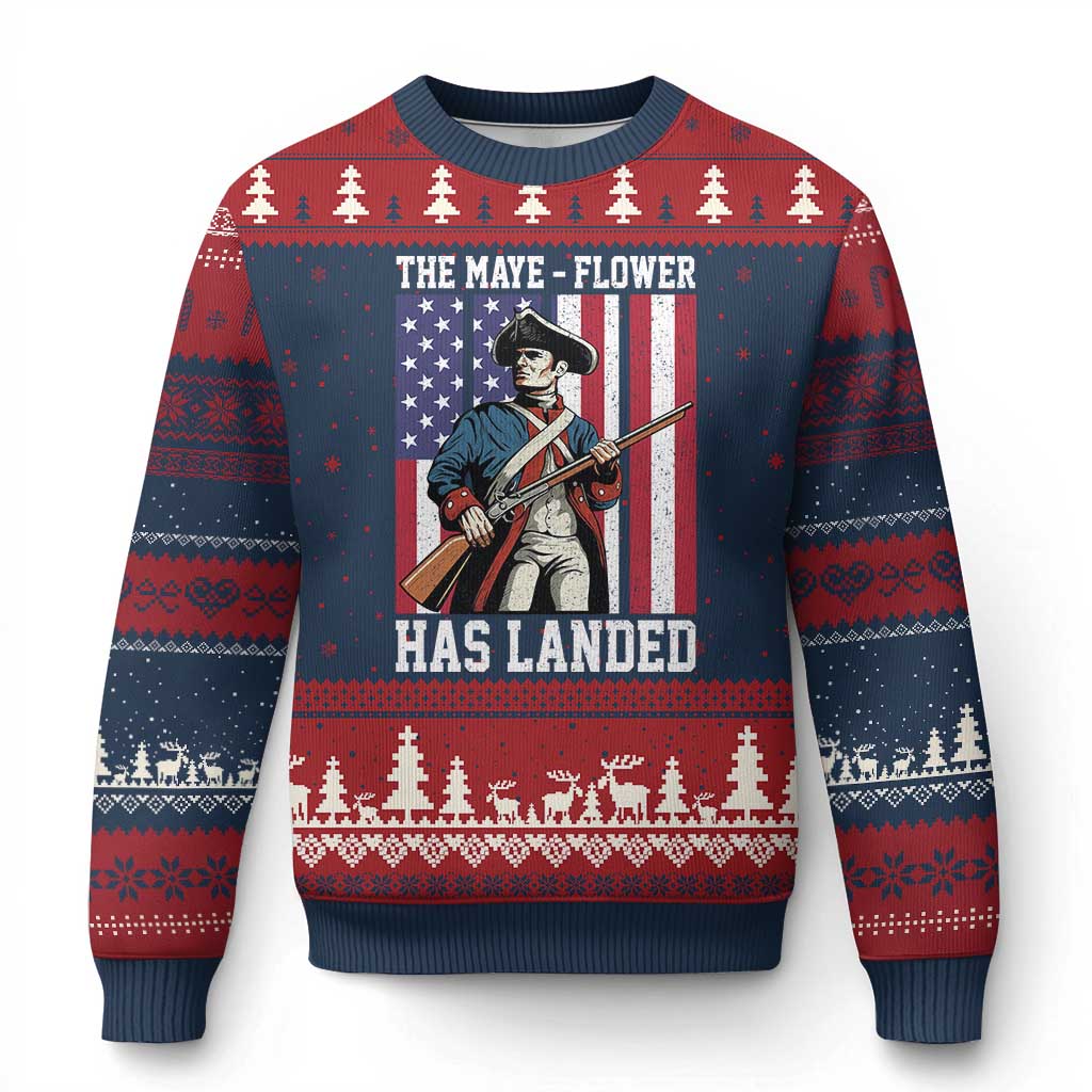 The Maye Flower Has Landed Ugly Christmas Sweater Funny Minutemen Football Fan TS11 Navy Red Print Your Wear