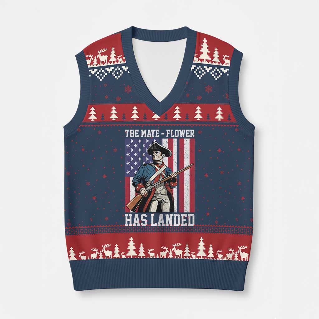 The Maye Flower Has Landed V-Neck Knit Sweater Vest Funny Minutemen Football Fan TS11 Navy Red Print Your Wear
