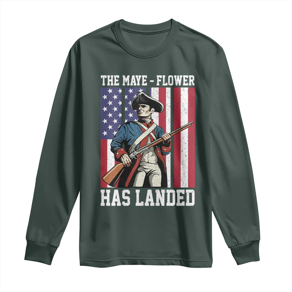 The Maye Flower Has Landed Long Sleeve Shirt Funny Minutemen Football Fan TS11 Dark Forest Green Print Your Wear