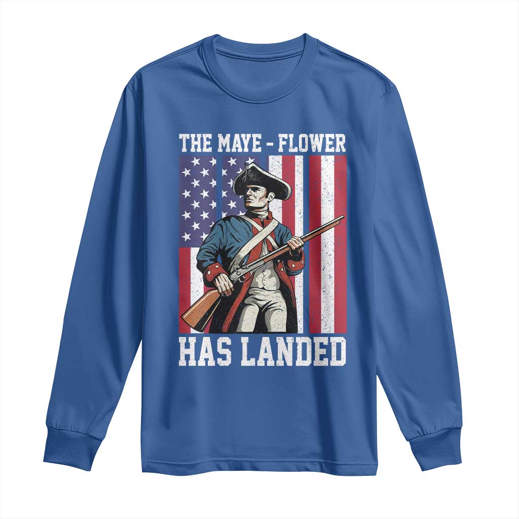 The Maye Flower Has Landed Long Sleeve Shirt Funny Minutemen Football Fan TS11 Royal Blue Print Your Wear