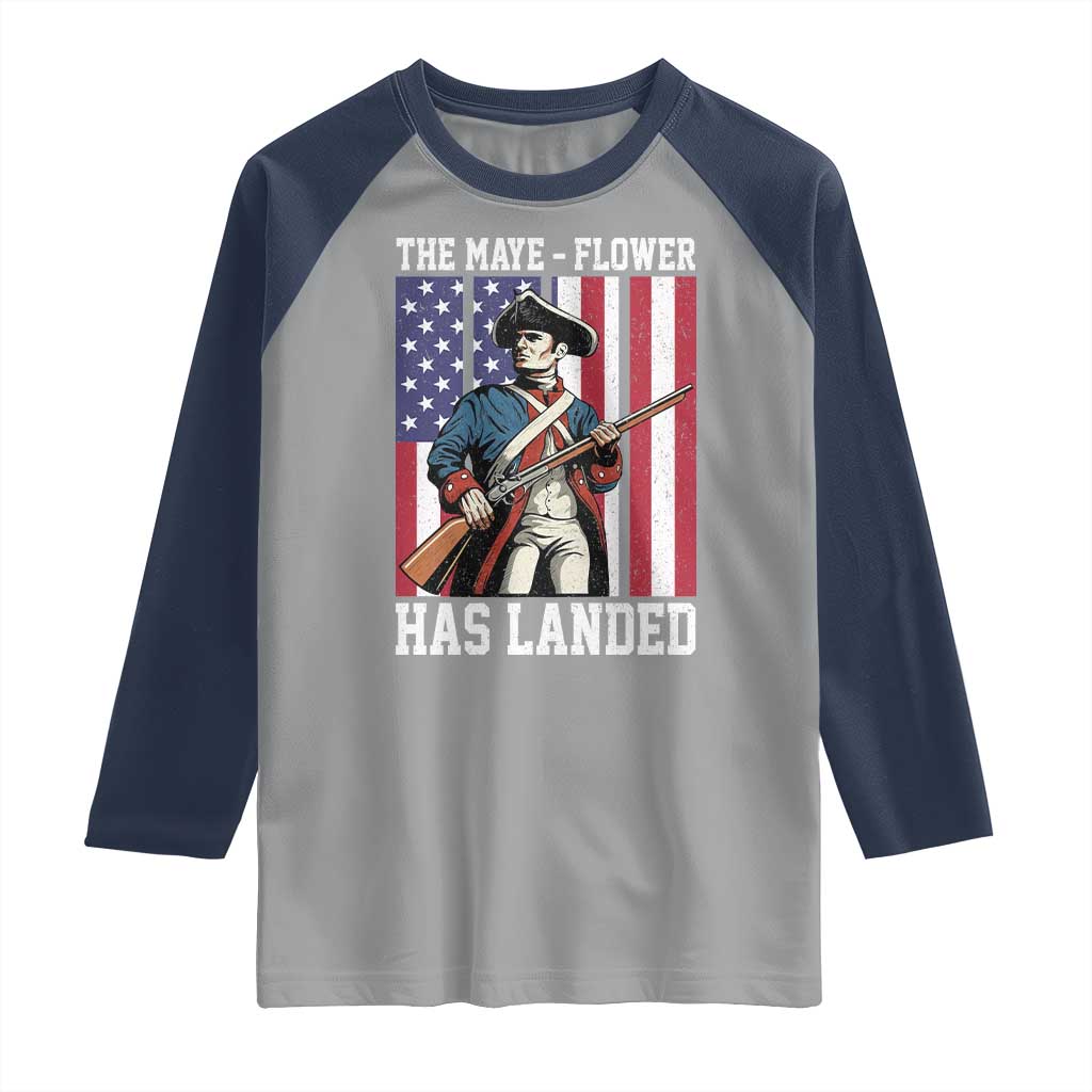 The Maye Flower Has Landed Raglan Shirt Funny Minutemen Football Fan TS11 Sport Gray Navy Print Your Wear