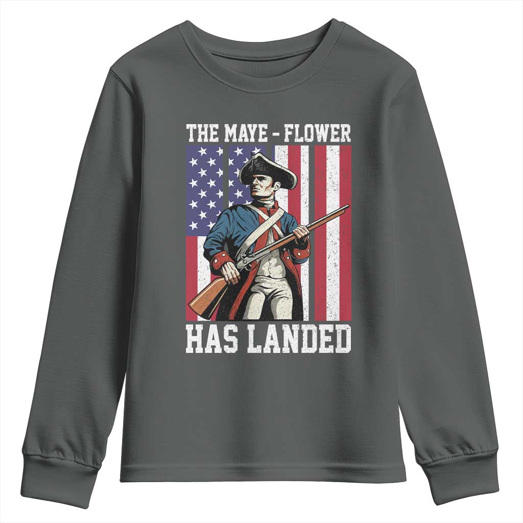 The Maye Flower Has Landed Youth Sweatshirt Funny Minutemen Football Fan TS11 Dark Heather Print Your Wear