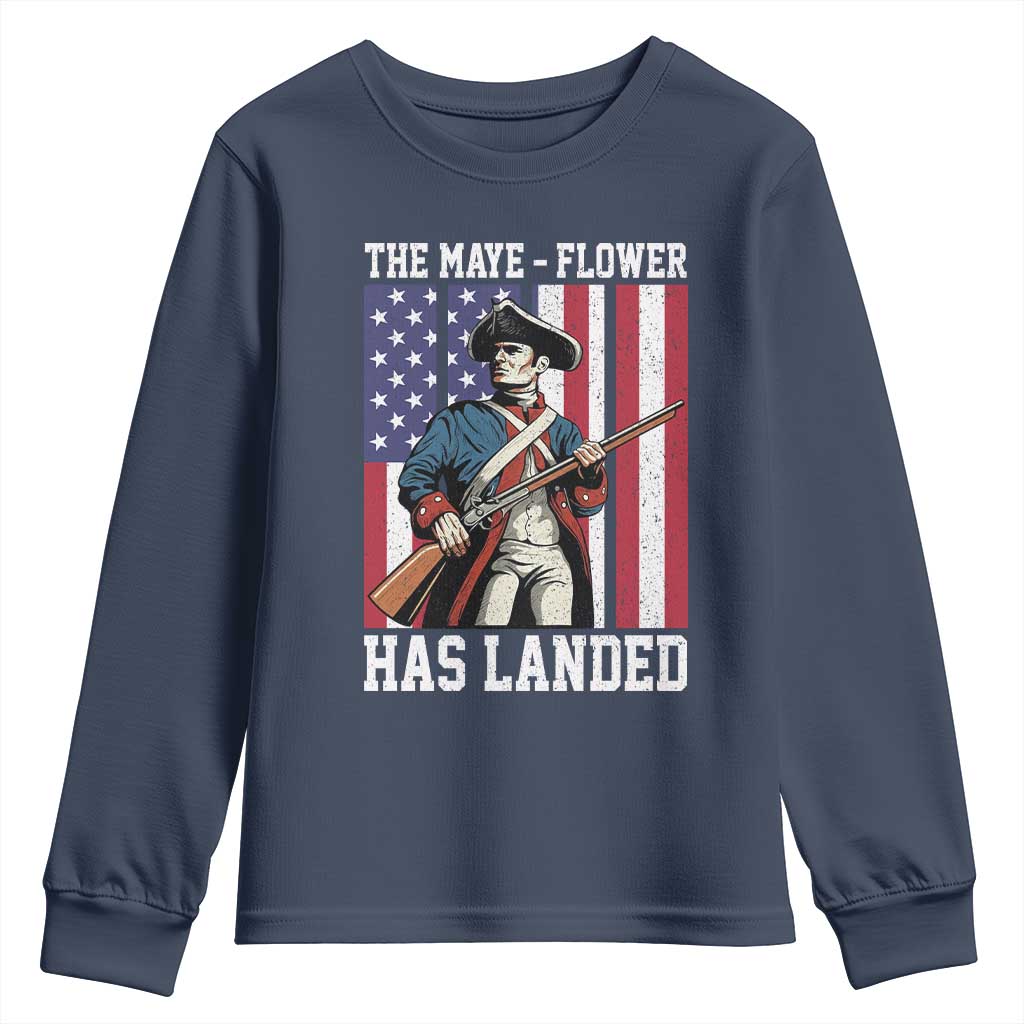 The Maye Flower Has Landed Youth Sweatshirt Funny Minutemen Football Fan TS11 Navy Print Your Wear