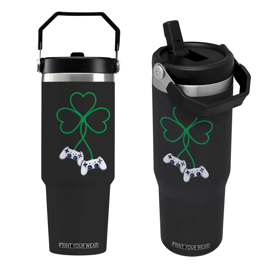Video Game Lover St Patricks Day with Shamrock Controllers Flip Straw Tumbler TS11 One Size: 30 oz Black Print Your Wear
