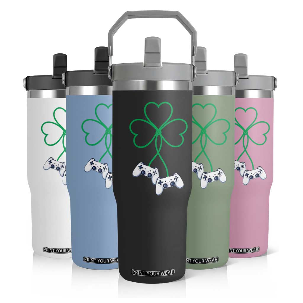 Video Game Lover St Patricks Day with Shamrock Controllers Flip Straw Tumbler TS11 Print Your Wear