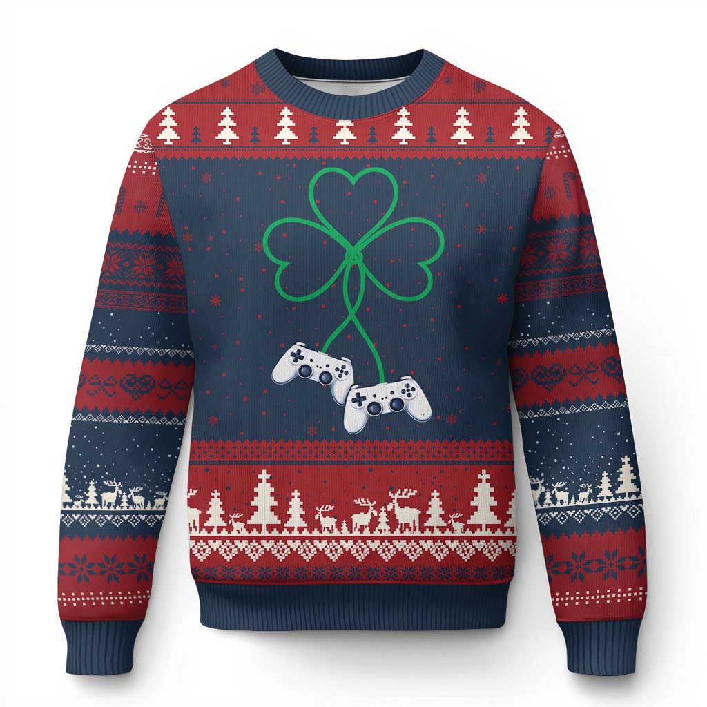 Video Game Lover St Patricks Day with Shamrock Controllers Ugly Christmas Sweater TS11 Navy Red Print Your Wear