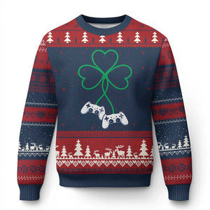 Video Game Lover St Patricks Day with Shamrock Controllers Ugly Christmas Sweater TS11 Navy Red Print Your Wear