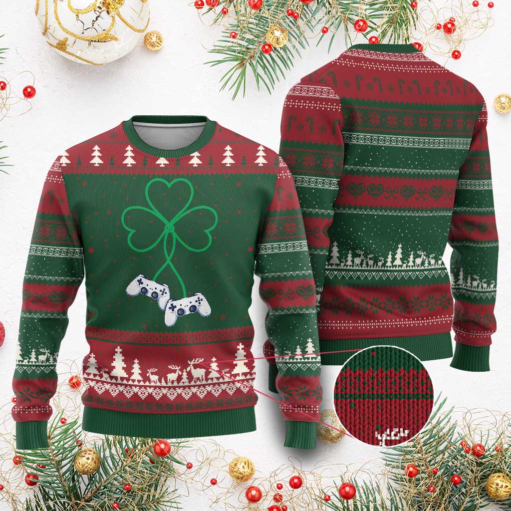 Video Game Lover St Patricks Day with Shamrock Controllers Ugly Christmas Sweater TS11 Red Green Print Your Wear