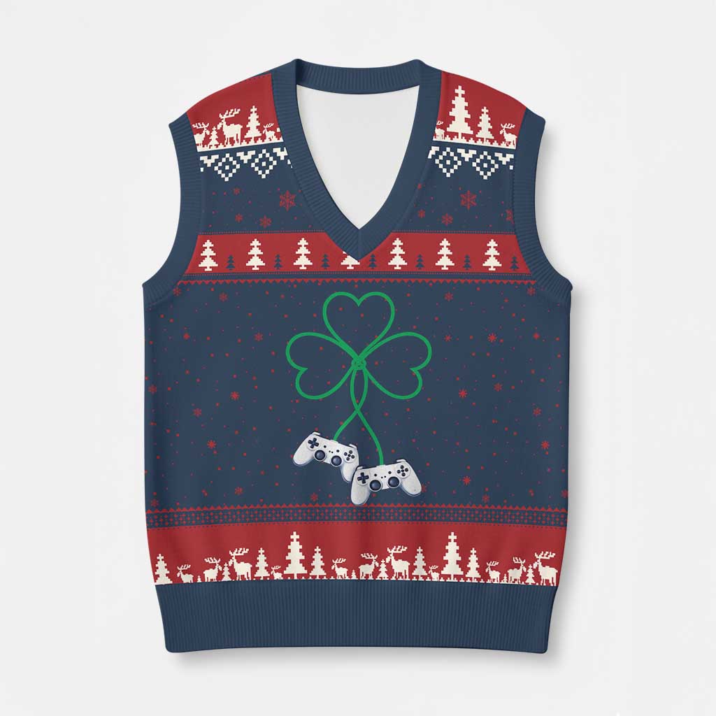Video Game Lover St Patricks Day with Shamrock Controllers V-Neck Knit Sweater Vest TS11 Navy Red Print Your Wear