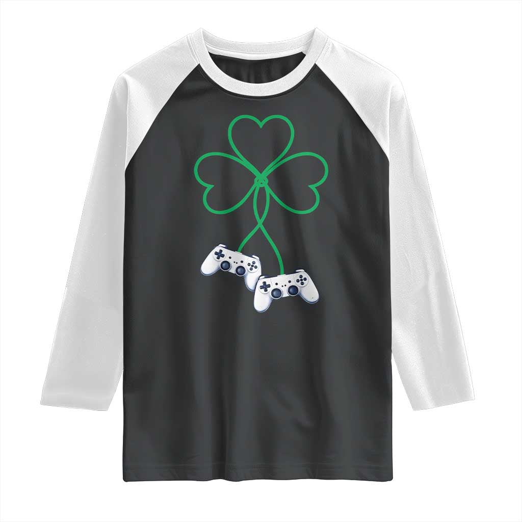 Video Game Lover St Patricks Day with Shamrock Controllers Raglan Shirt TS11 Black White Print Your Wear