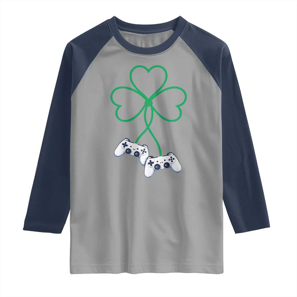 Video Game Lover St Patricks Day with Shamrock Controllers Raglan Shirt TS11 Sport Gray Navy Print Your Wear