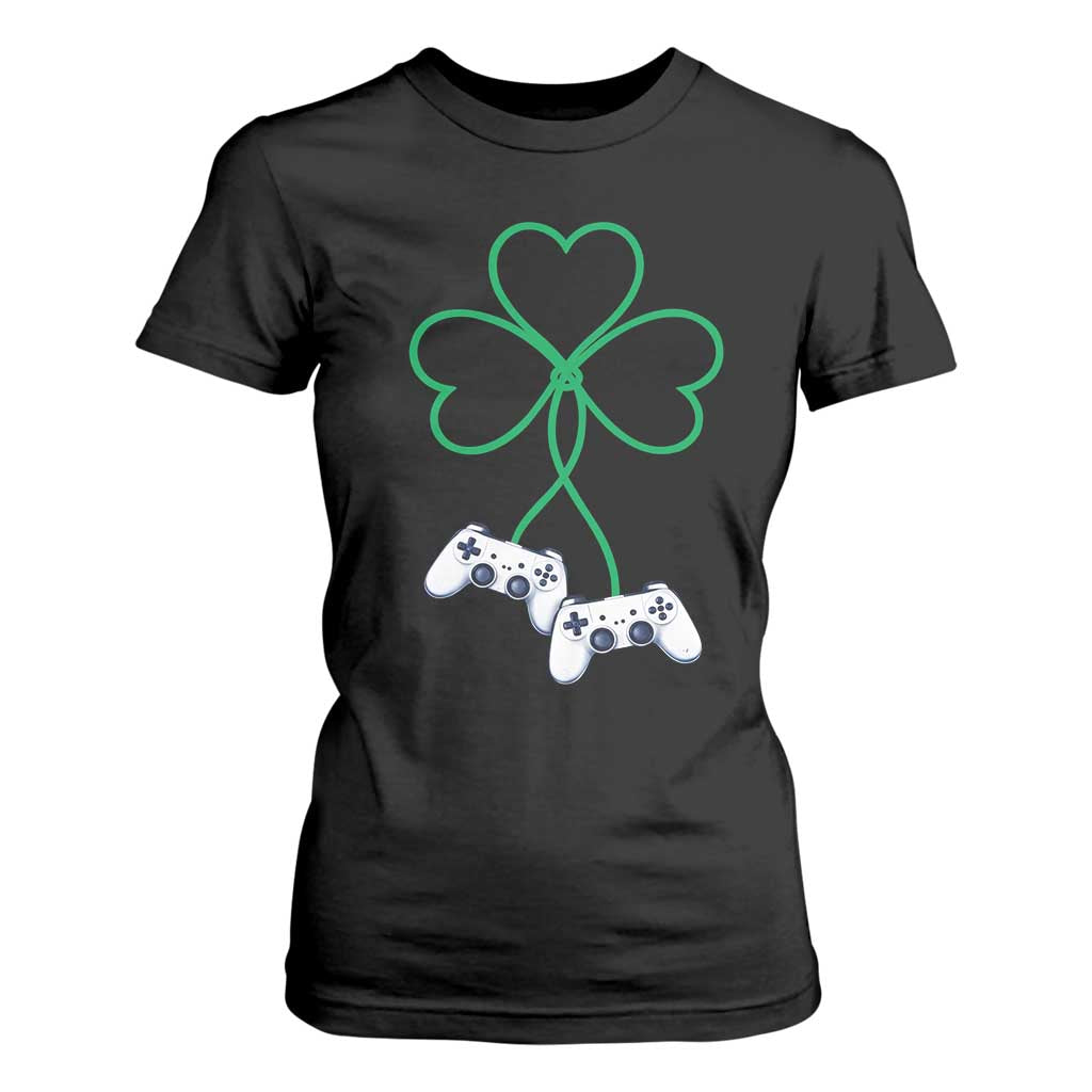 Video Game Lover St Patricks Day with Shamrock Controllers T Shirt For Women TS11 Black Print Your Wear