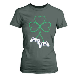 Video Game Lover St Patricks Day with Shamrock Controllers T Shirt For Women TS11 Dark Forest Green Print Your Wear