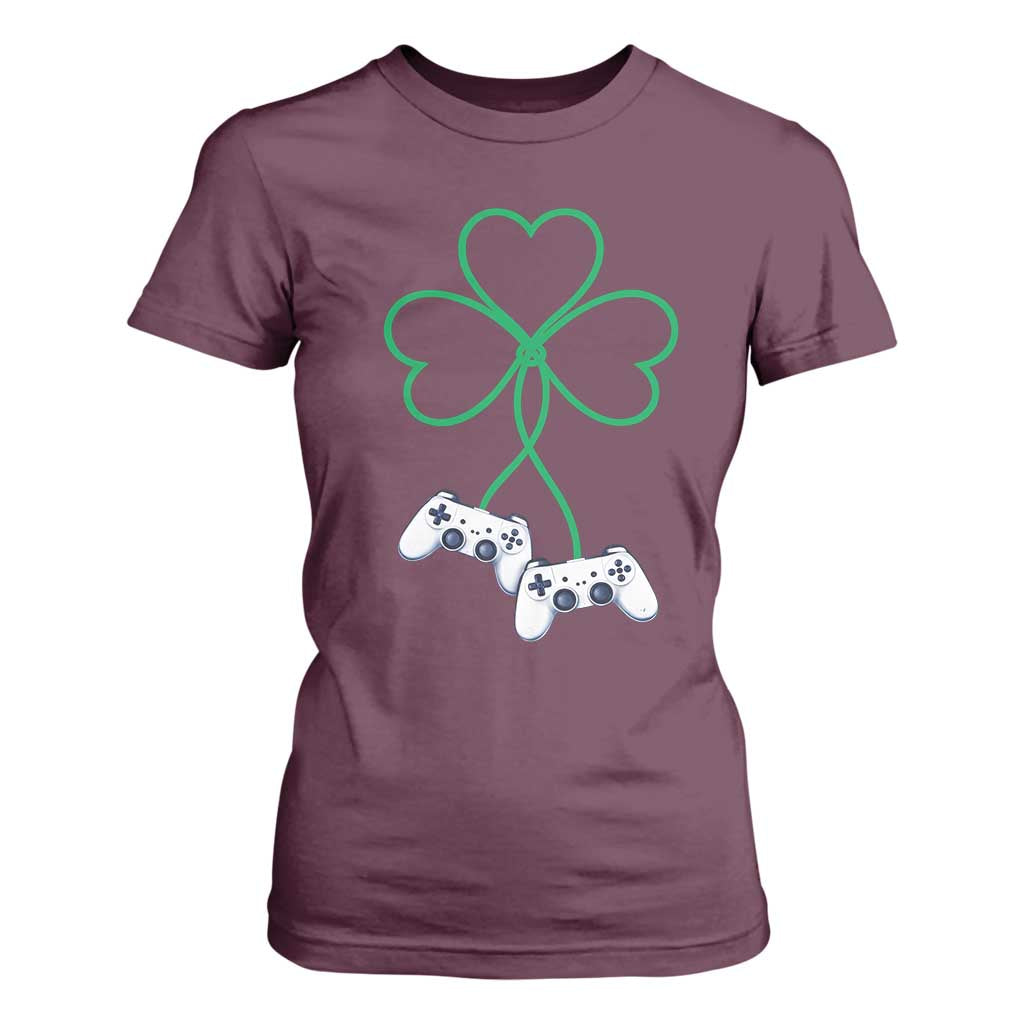 Video Game Lover St Patricks Day with Shamrock Controllers T Shirt For Women TS11 Maroon Print Your Wear